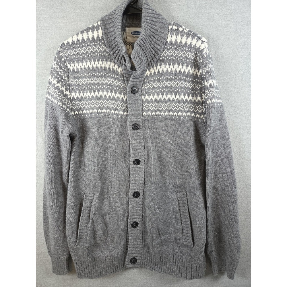 Old Navy Cardigan Sweater Mens M Wool Blend Fair Isle Pattern Mock Neck Gray Dad